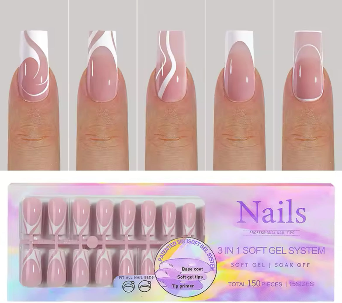 3 in 1 soft gel system press on nails(150 pieces) square long