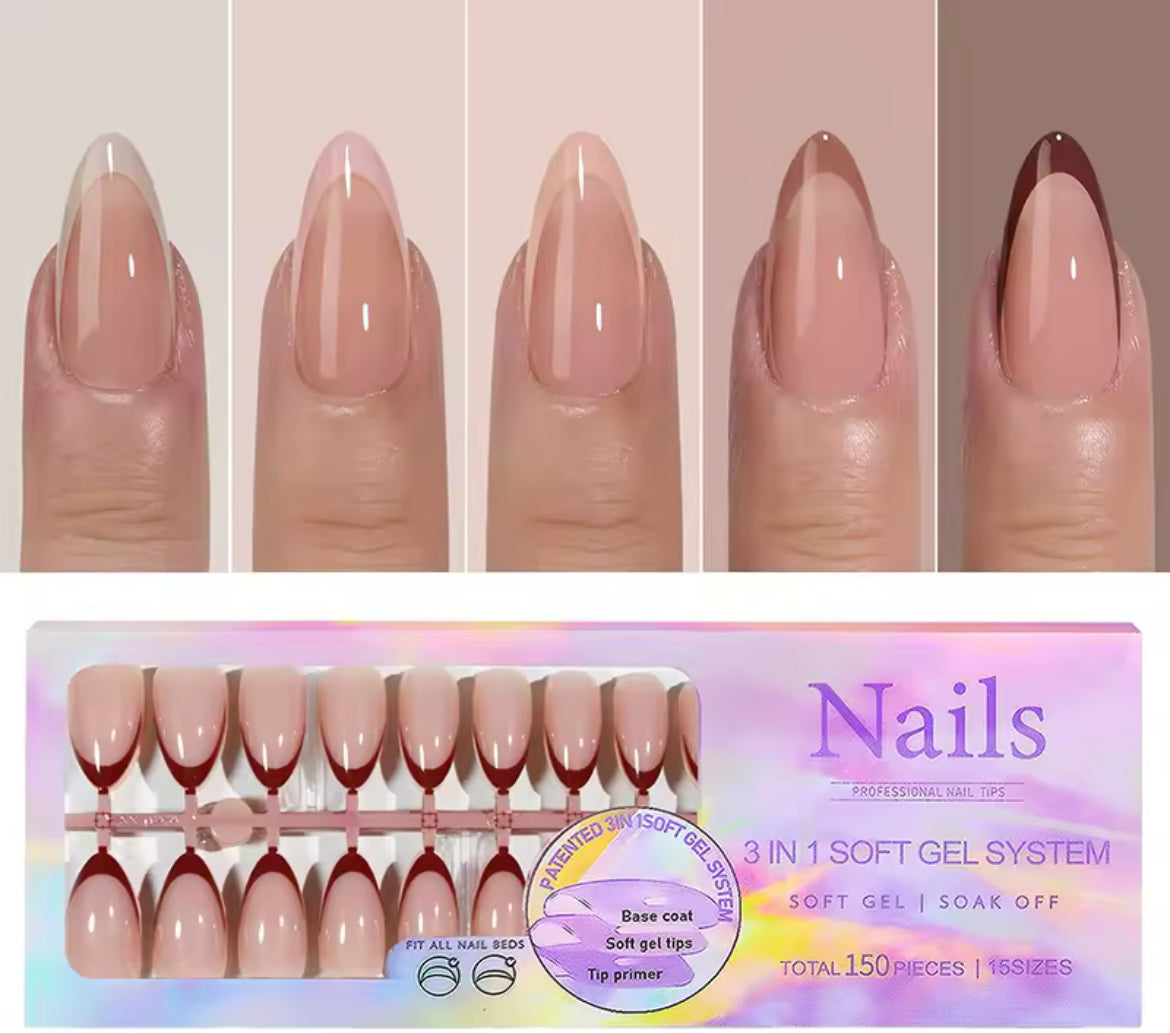 3 in 1 soft gel system press on nails(150 pieces)-Almond medium/long length